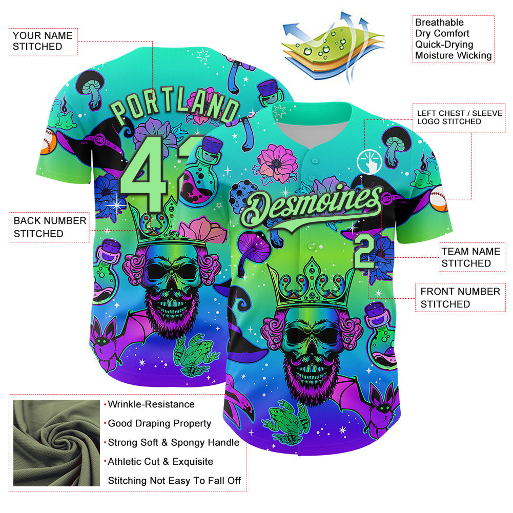 Custom Blue Pea Green-Black 3D Pattern Design Trippy Magic Mushrooms Skull Authentic Baseball Jersey view 3