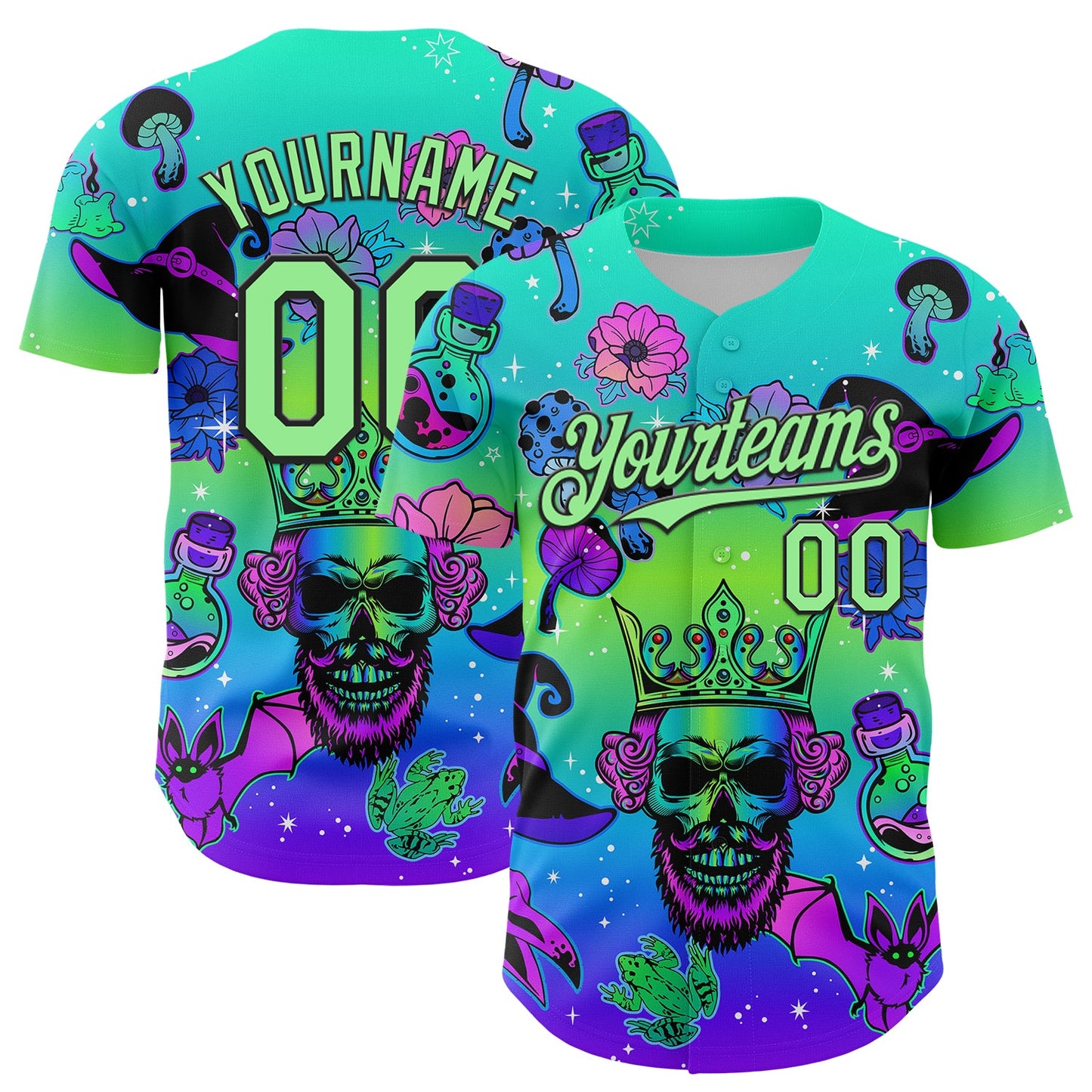 Custom Blue Pea Green-Black 3D Pattern Design Trippy Magic Mushrooms Skull Authentic Baseball Jersey - Main View