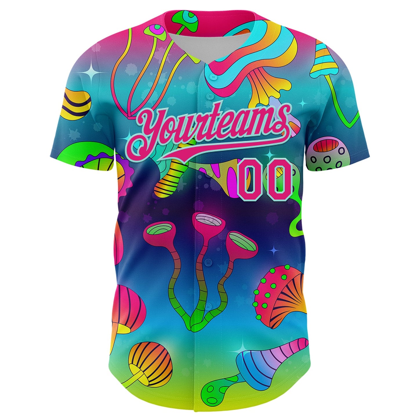 Custom Blue Hot Pink-Ice Blue 3D Pattern Design Trippy Psychedelic Magic Mushrooms Authentic Baseball Jersey view 2
