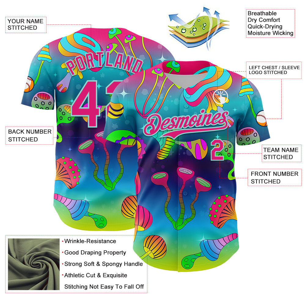 Custom Blue Hot Pink-Ice Blue 3D Pattern Design Trippy Psychedelic Magic Mushrooms Authentic Baseball Jersey view 3