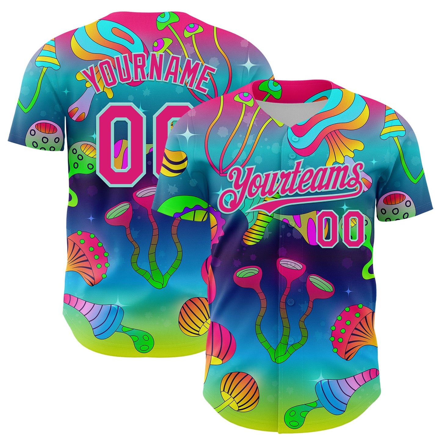 Custom Blue Hot Pink-Ice Blue 3D Pattern Design Trippy Psychedelic Magic Mushrooms Authentic Baseball Jersey - Main View