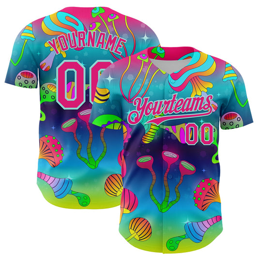 Custom Blue Hot Pink-Ice Blue 3D Pattern Design Trippy Psychedelic Magic Mushrooms Authentic Baseball Jersey - Main View