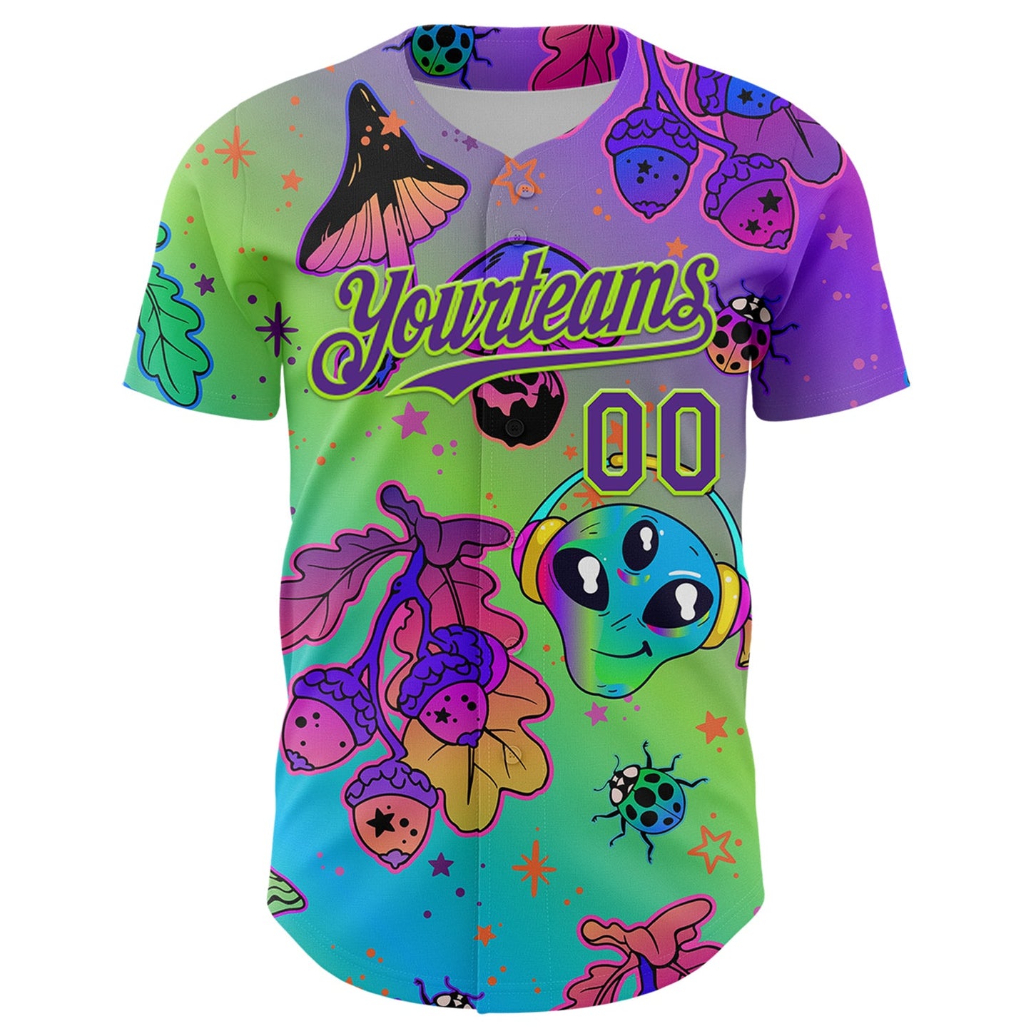 Custom Purple Neon Green 3D Pattern Design Trippy Magic Mushrooms Alien Authentic Baseball Jersey view 2