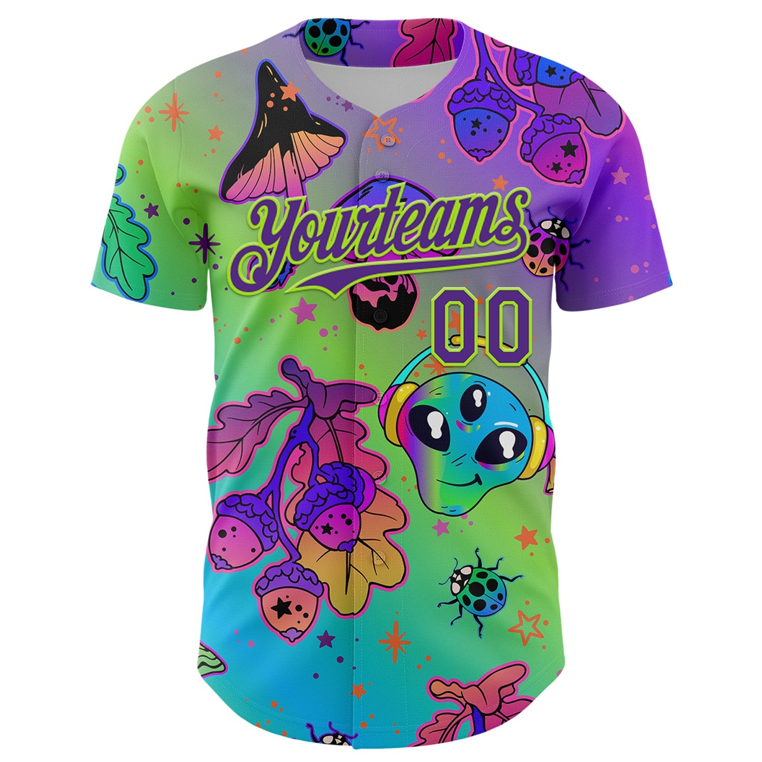 Custom Purple Neon Green 3D Pattern Design Trippy Magic Mushrooms Alien Authentic Baseball Jersey view 2