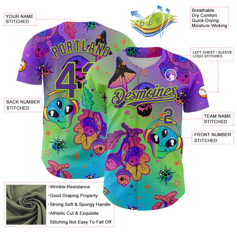 Custom Purple Neon Green 3D Pattern Design Trippy Magic Mushrooms Alien Authentic Baseball Jersey view 3