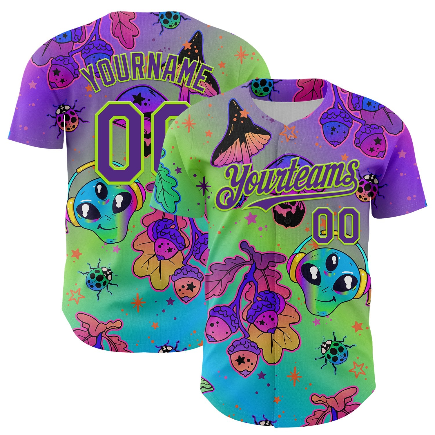 Custom Purple Neon Green 3D Pattern Design Trippy Magic Mushrooms Alien Authentic Baseball Jersey - Main View