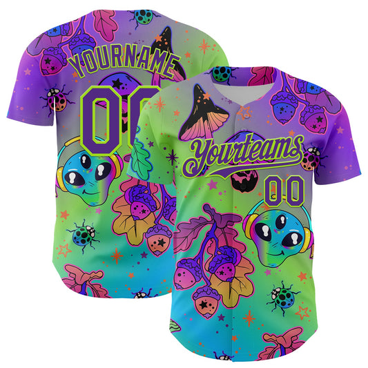 Custom Purple Neon Green 3D Pattern Design Trippy Magic Mushrooms Alien Authentic Baseball Jersey - Main View
