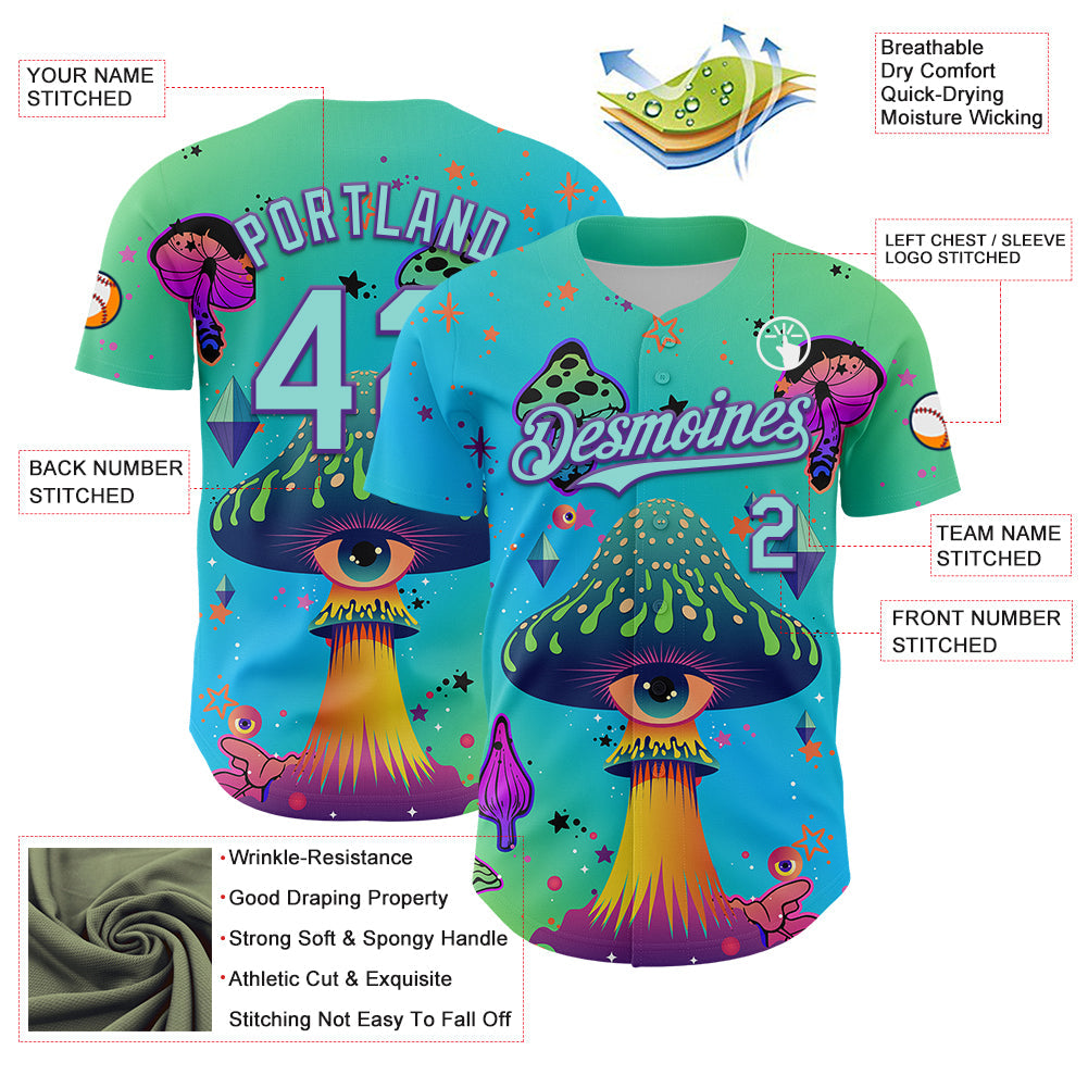Custom Blue Ice Blue-Purple 3D Pattern Design Trippy Psychedelic Magic Mushrooms Authentic Baseball Jersey view 3