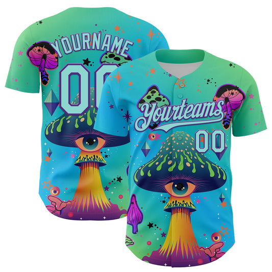 Custom Blue Ice Blue-Purple 3D Pattern Design Trippy Psychedelic Magic Mushrooms Authentic Baseball Jersey - Main View
