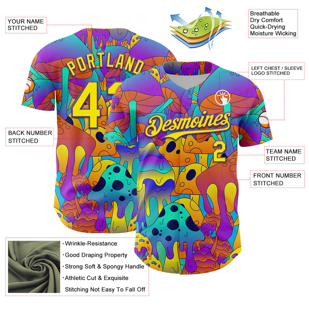 Custom Purple Light Yellow 3D Pattern Design Trippy Magic Mushrooms Trance Authentic Baseball Jersey view 3