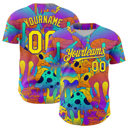 Custom Purple Light Yellow 3D Pattern Design Trippy Magic Mushrooms Trance Authentic Baseball Jersey - Main View