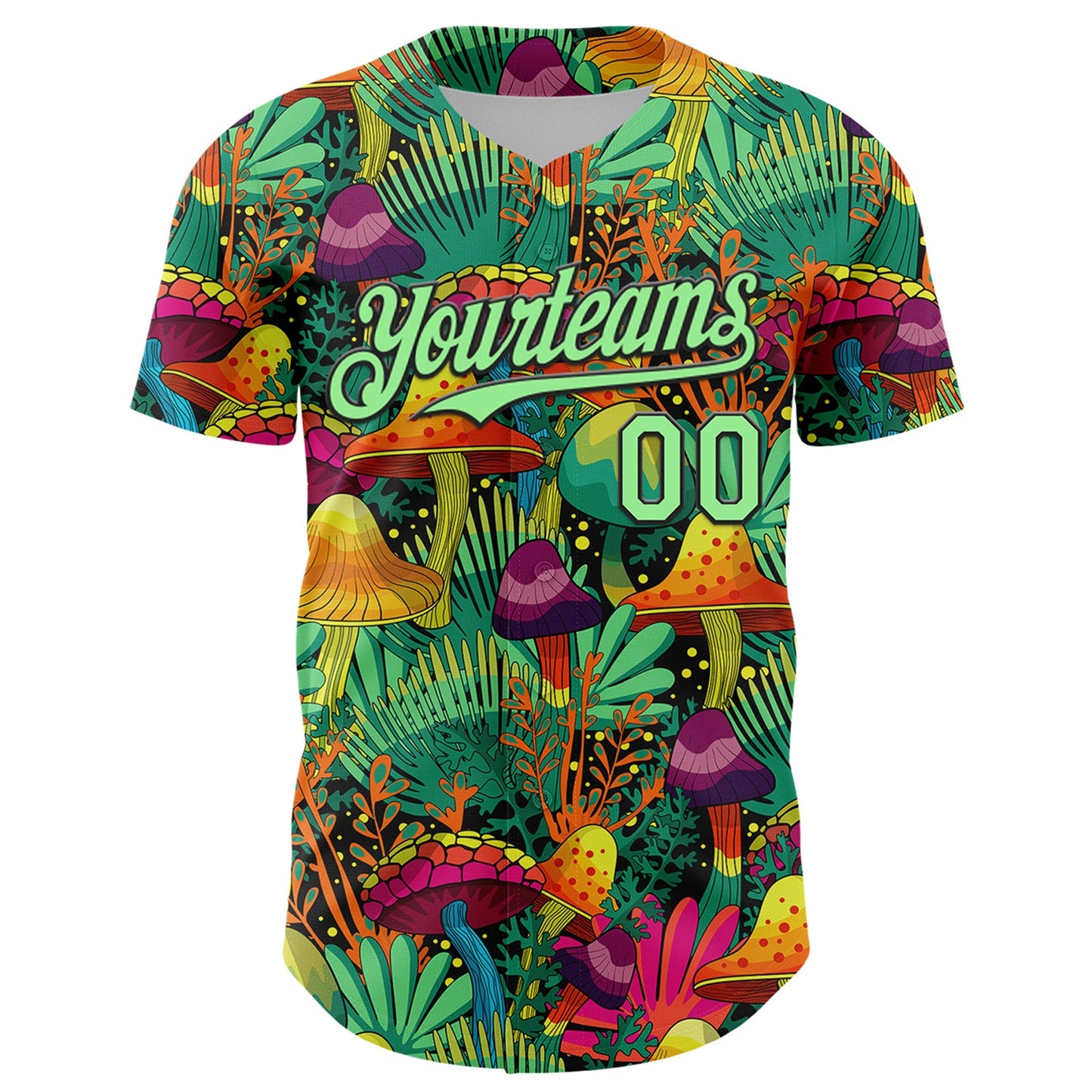 Custom Green Pea Green-Black 3D Pattern Design Trippy Magic Mushrooms Plant Authentic Baseball Jersey view 2