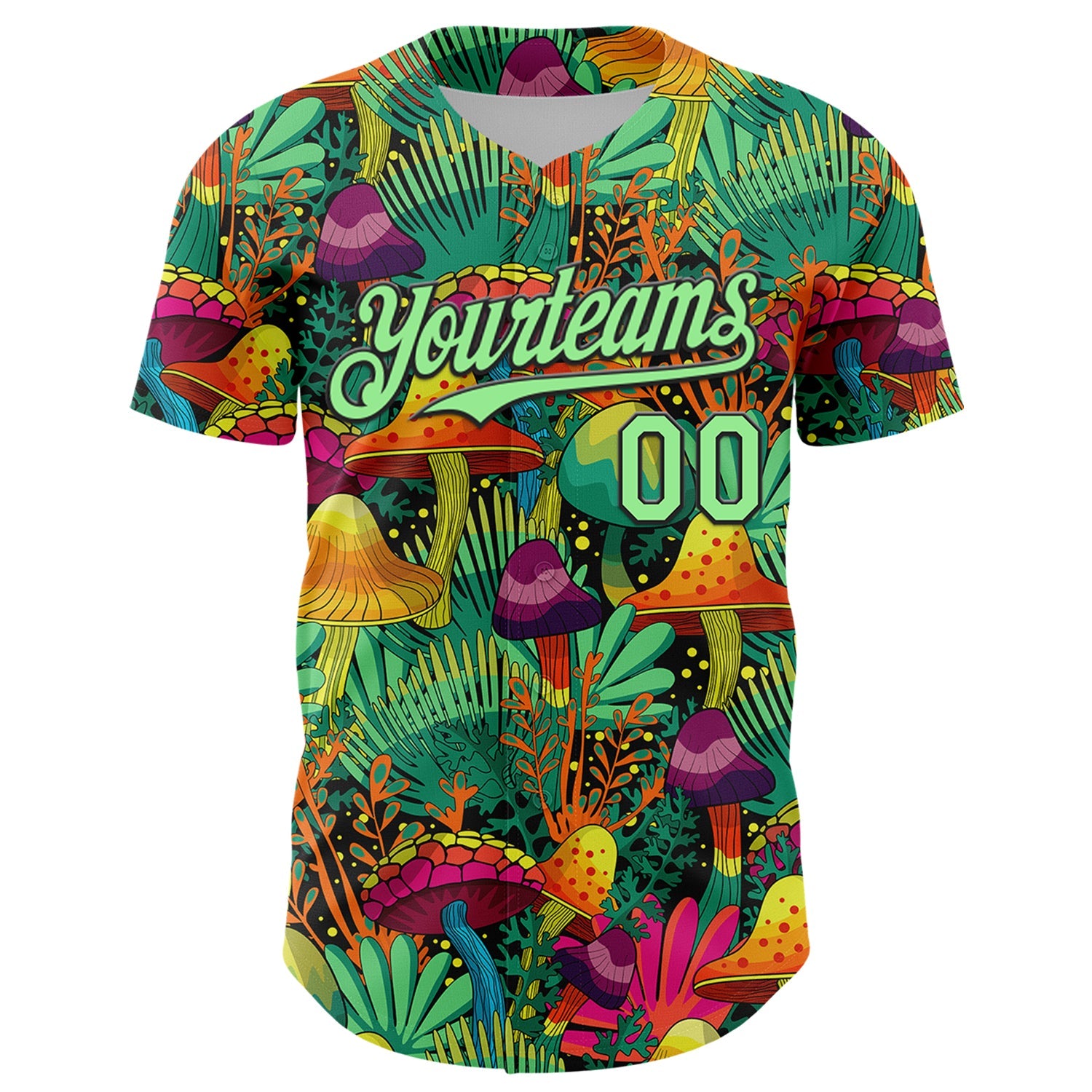 Custom Green Pea Green-Black 3D Pattern Design Trippy Magic Mushrooms Plant Authentic Baseball Jersey view 2