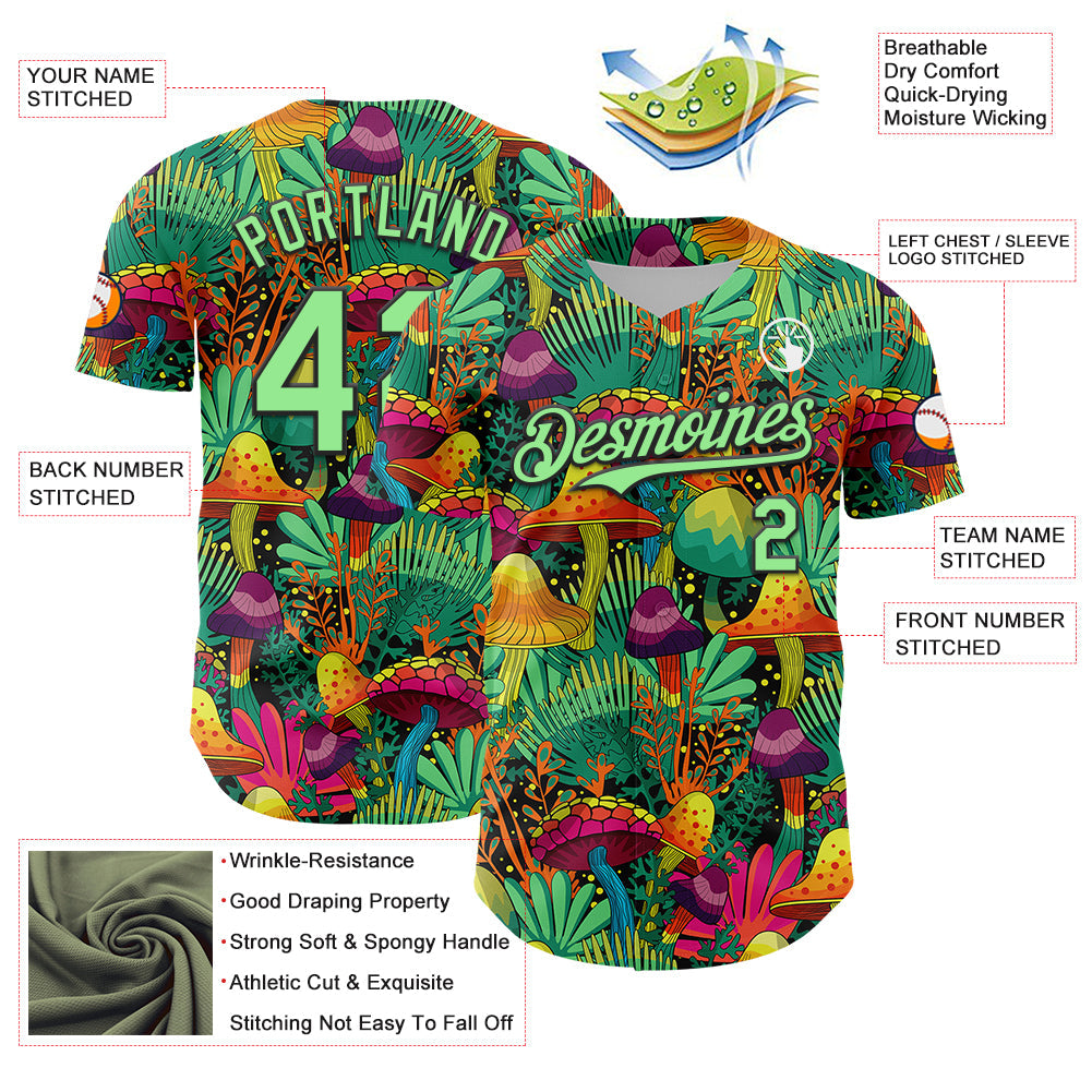 Custom Green Pea Green-Black 3D Pattern Design Trippy Magic Mushrooms Plant Authentic Baseball Jersey view 3