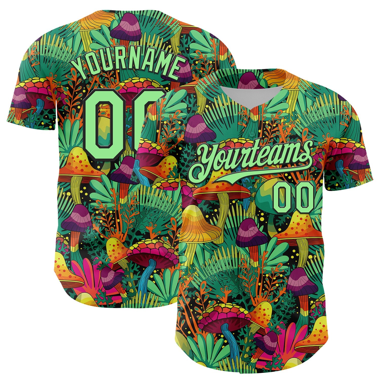 Custom Green Pea Green-Black 3D Pattern Design Trippy Magic Mushrooms Plant Authentic Baseball Jersey - Main View