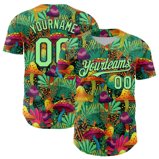 Custom Green Pea Green-Black 3D Pattern Design Trippy Magic Mushrooms Plant Authentic Baseball Jersey - Main View