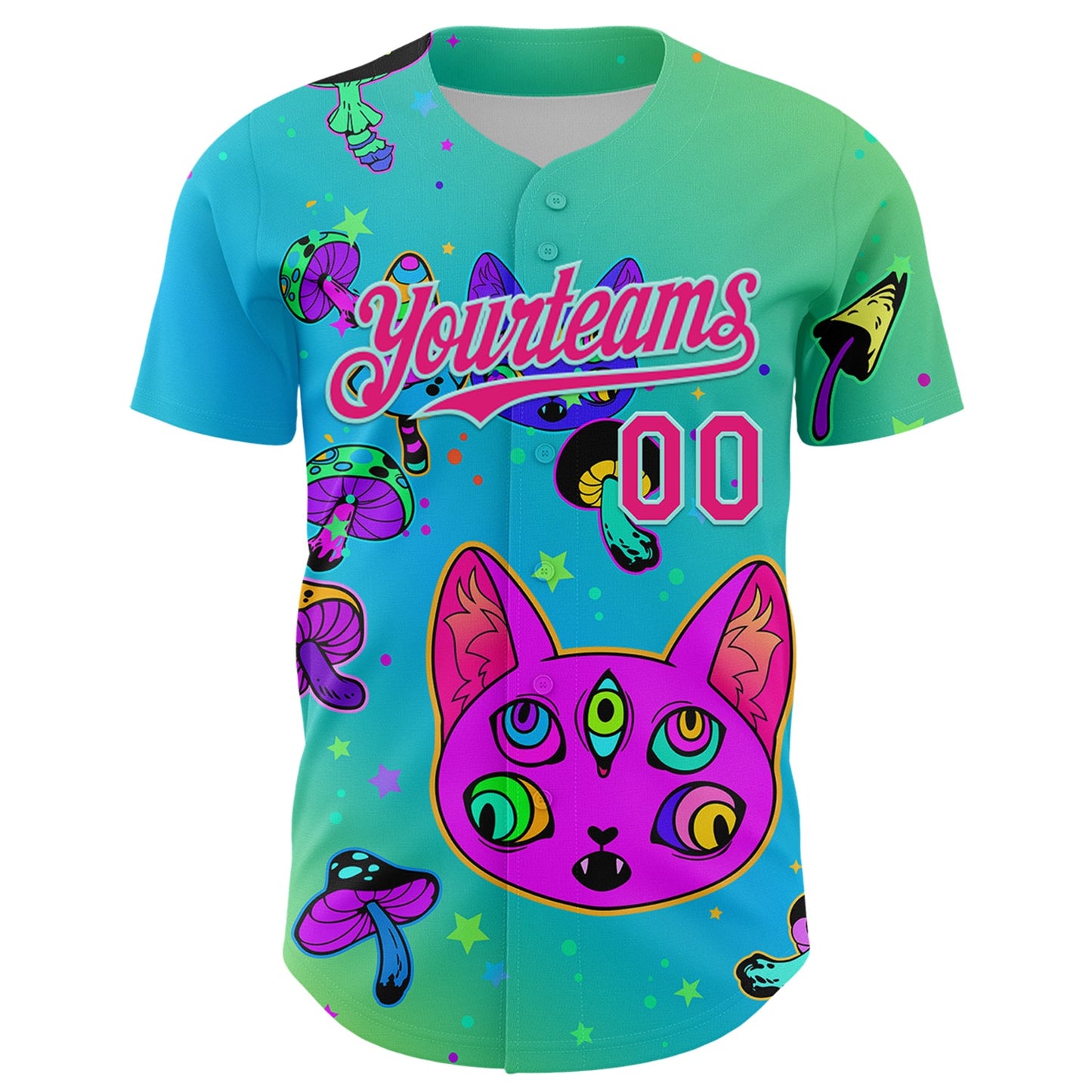 Custom Green Hot Pink-Ice Blue 3D Pattern Design Trippy Magic Mushrooms Cats Authentic Baseball Jersey view 2