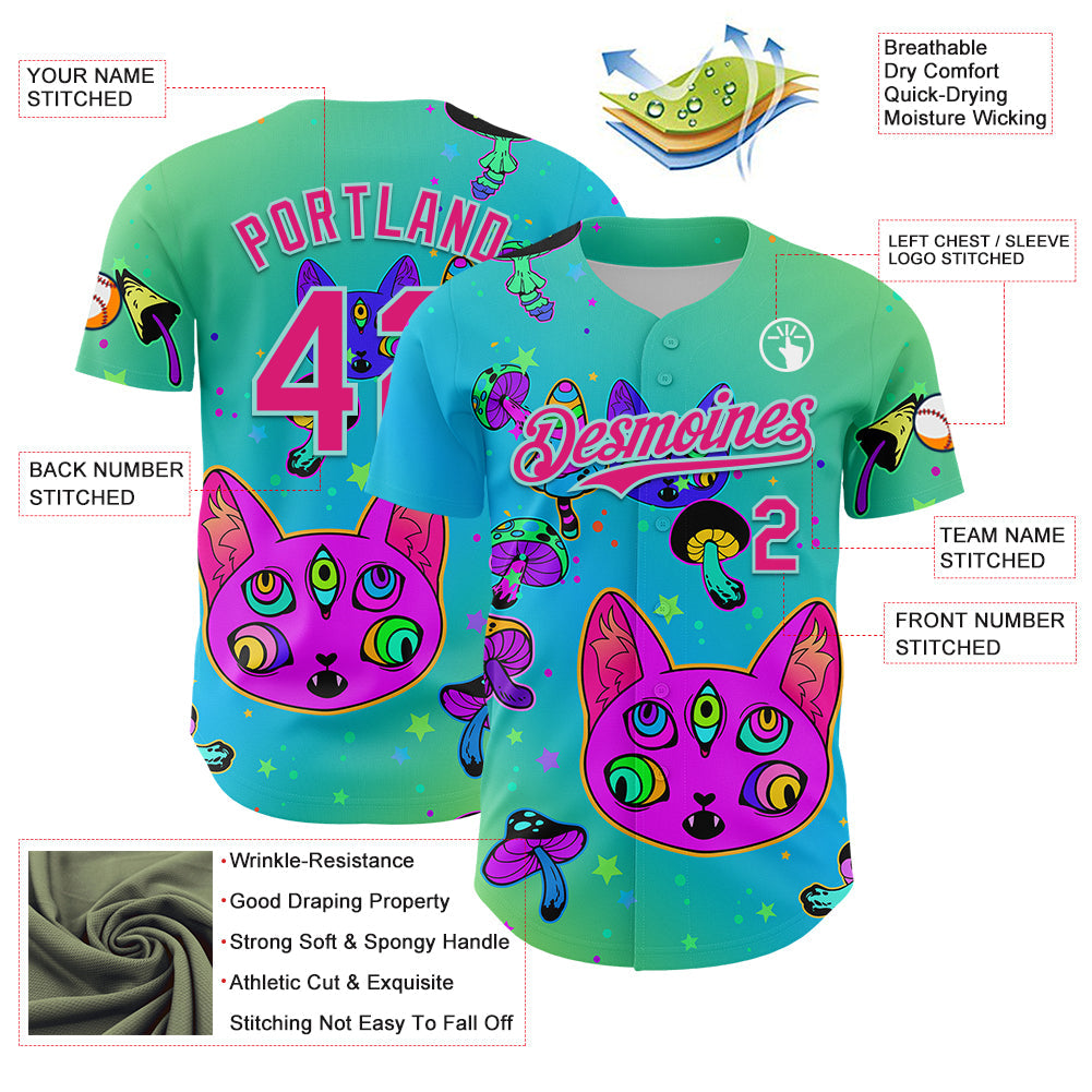 Custom Green Hot Pink-Ice Blue 3D Pattern Design Trippy Magic Mushrooms Cats Authentic Baseball Jersey view 3