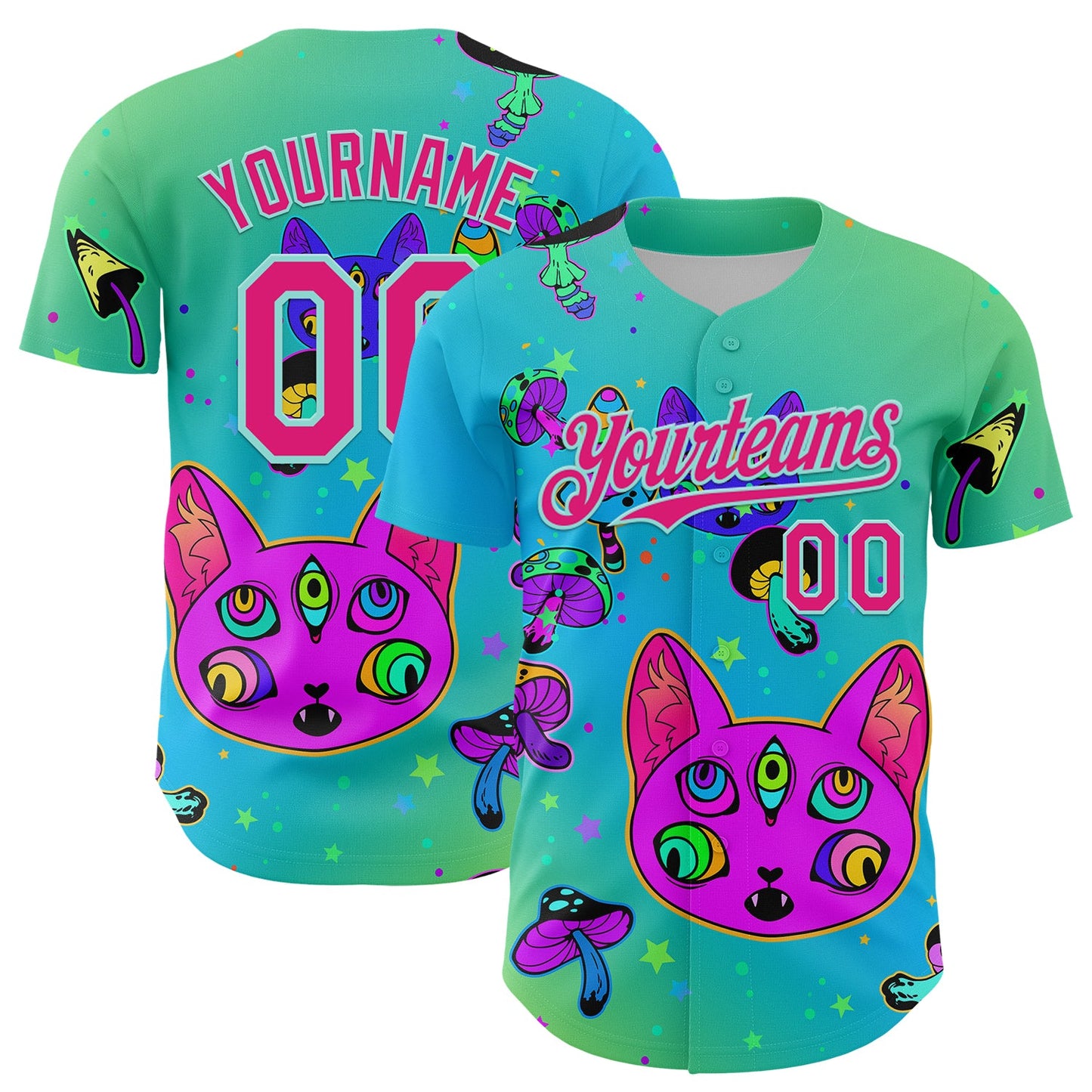 Custom Green Hot Pink-Ice Blue 3D Pattern Design Trippy Magic Mushrooms Cats Authentic Baseball Jersey - Main View