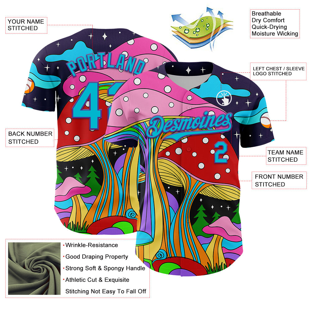 Custom Navy Lakes Blue-Purple 3D Pattern Design Trippy Psychedelic Magic Mushrooms Authentic Baseball Jersey view 3