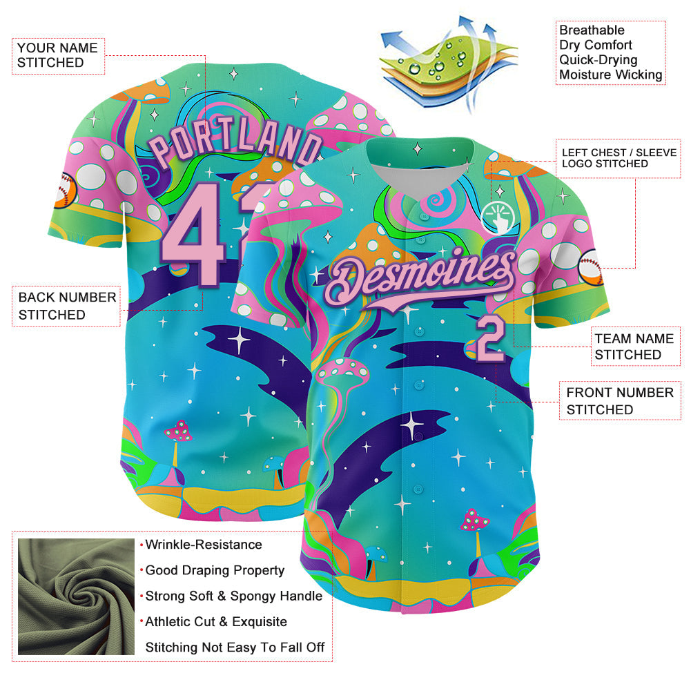 Custom Navy Light Pink-Purple 3D Pattern Design Trippy Psychedelic Magic Mushrooms Authentic Baseball Jersey view 3