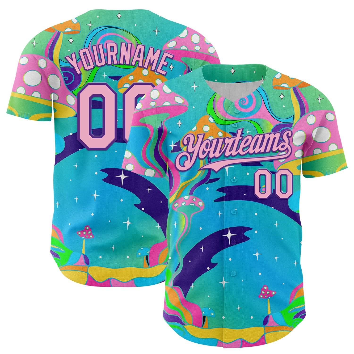 Custom Navy Light Pink-Purple 3D Pattern Design Trippy Psychedelic Magic Mushrooms Authentic Baseball Jersey - Main View