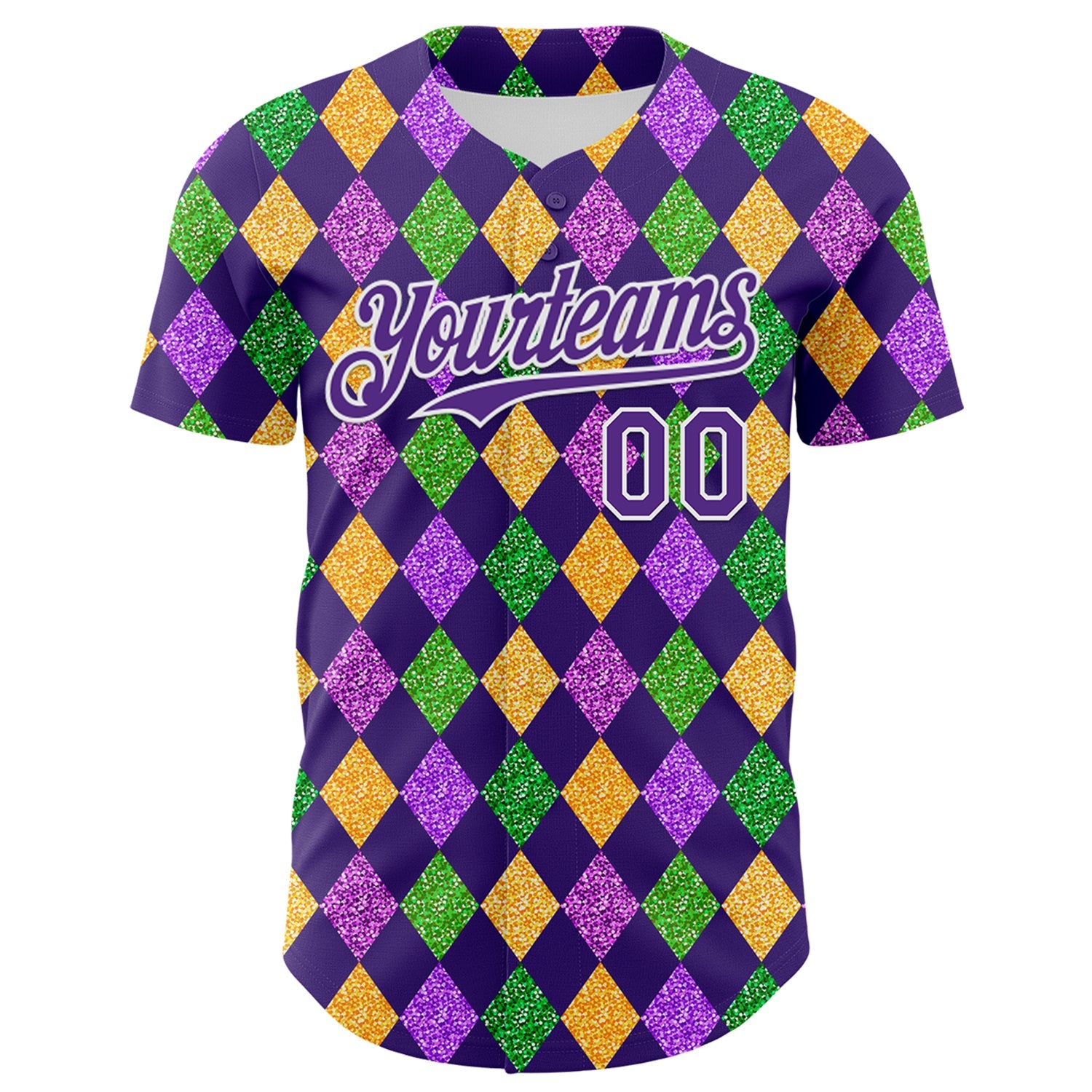 Custom Purple White 3D Pattern Design Mardi Gras Shrove Tuesday Authentic Baseball Jersey view 2