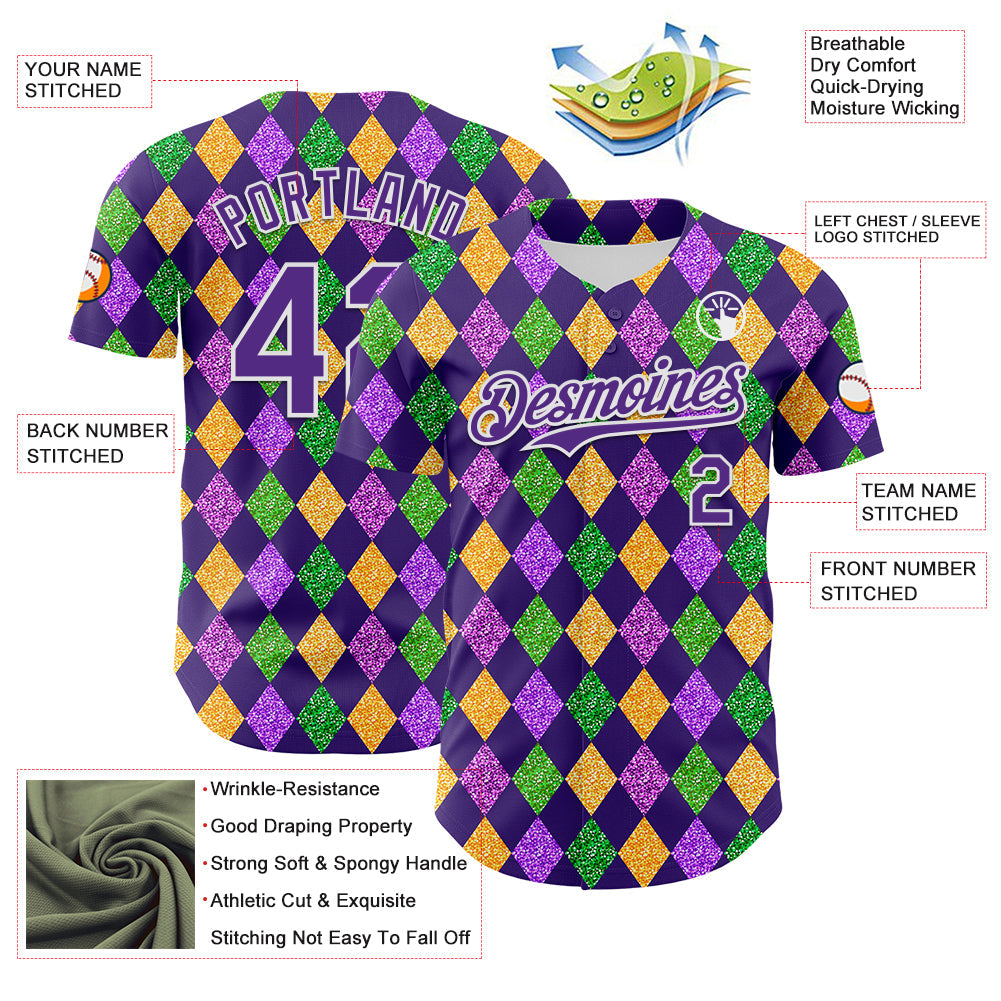 Custom Purple White 3D Pattern Design Mardi Gras Shrove Tuesday Authentic Baseball Jersey view 3