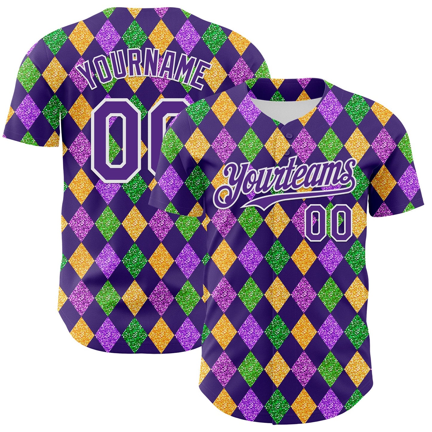 Custom Purple White 3D Pattern Design Mardi Gras Shrove Tuesday Authentic Baseball Jersey - Main View