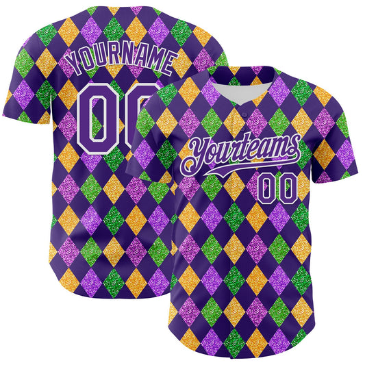 Custom Purple White 3D Pattern Design Mardi Gras Shrove Tuesday Authentic Baseball Jersey - Main View