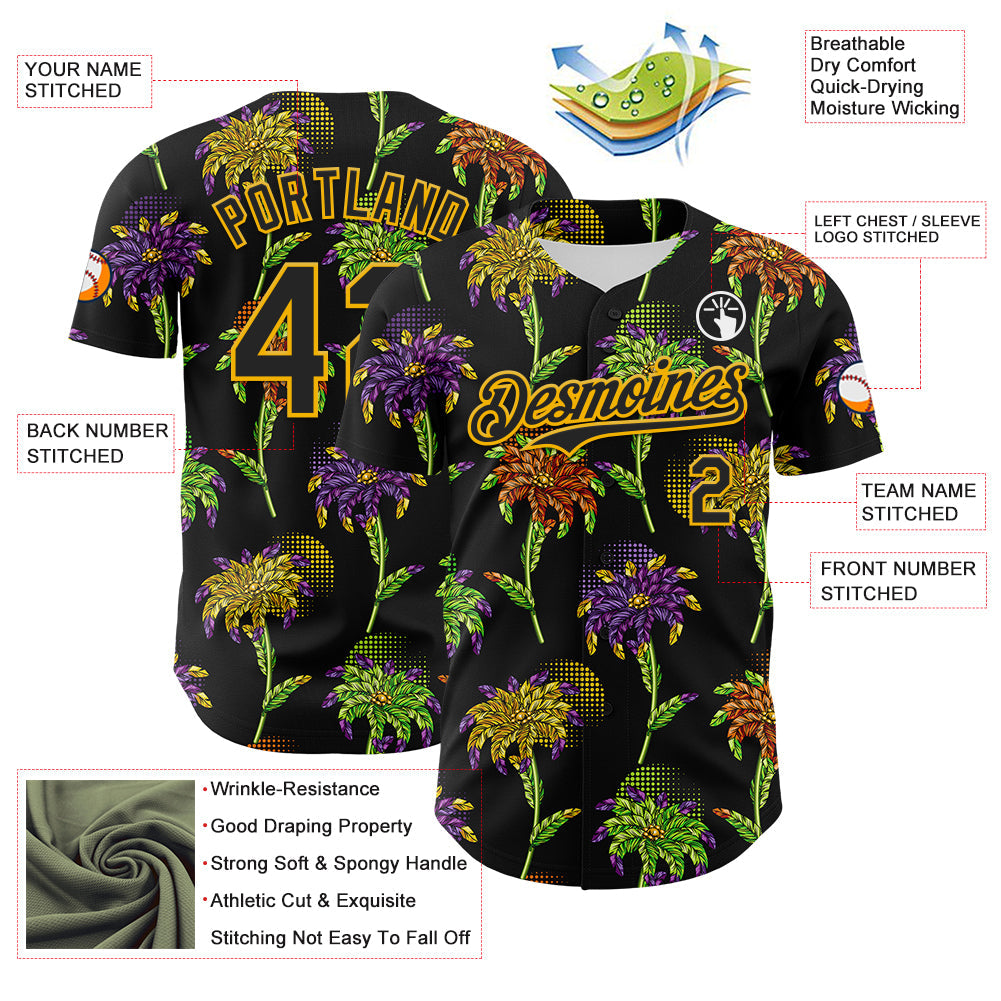 Custom Black Gold 3D Pattern Design Mardi Gras Shrove Tuesday Authentic Baseball Jersey view 3
