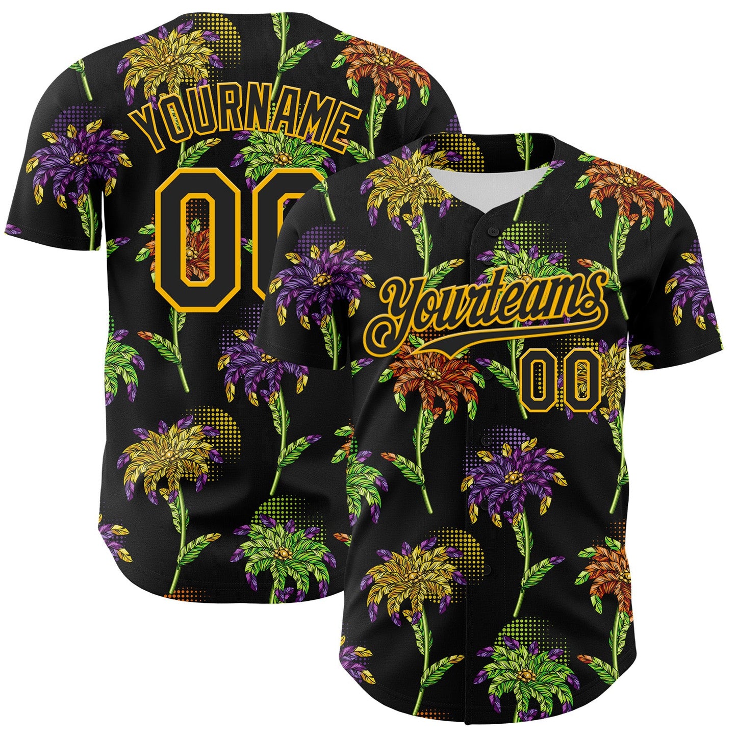 Custom Black Gold 3D Pattern Design Mardi Gras Shrove Tuesday Authentic Baseball Jersey - Main View