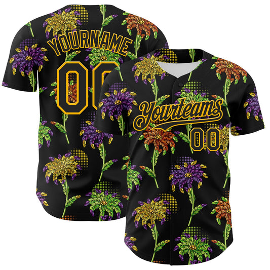 Custom Black Gold 3D Pattern Design Mardi Gras Shrove Tuesday Authentic Baseball Jersey - Main View
