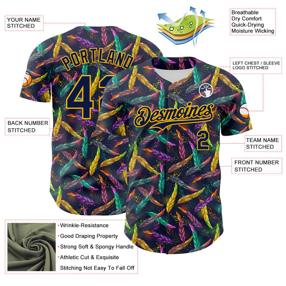 Custom Navy Gold 3D Pattern Design Mardi Gras Shrove Tuesday Authentic Baseball Jersey view 3