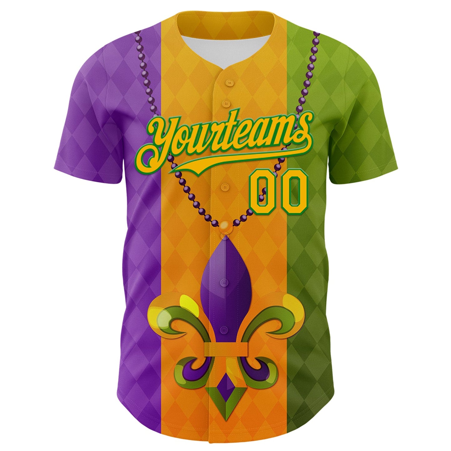 Custom Purple Gold-Grass Green 3D Pattern Design Mardi Gras Shrove Tuesday Authentic Baseball Jersey view 2