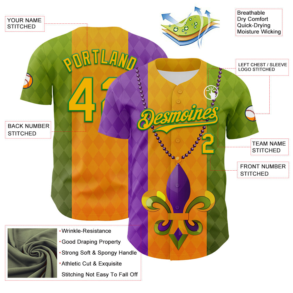 Custom Purple Gold-Grass Green 3D Pattern Design Mardi Gras Shrove Tuesday Authentic Baseball Jersey view 3