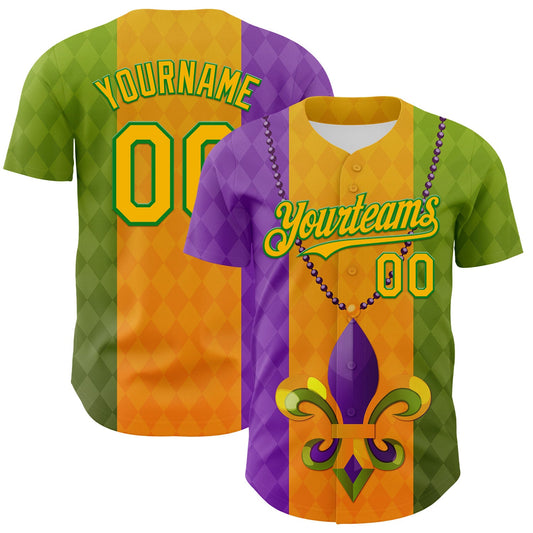 Custom Purple Gold-Grass Green 3D Pattern Design Mardi Gras Shrove Tuesday Authentic Baseball Jersey - Main View