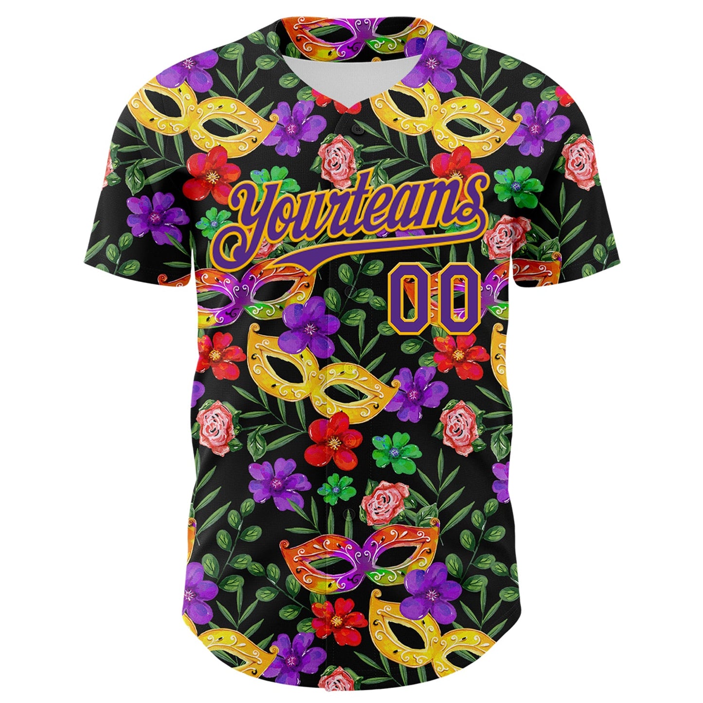 Custom Black Purple-Gold 3D Pattern Design Mardi Gras Shrove Tuesday Authentic Baseball Jersey view 2