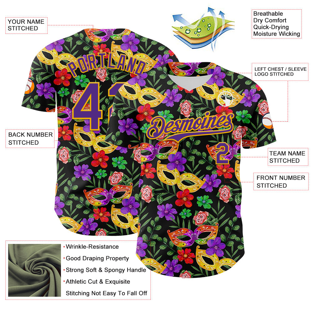 Custom Black Purple-Gold 3D Pattern Design Mardi Gras Shrove Tuesday Authentic Baseball Jersey view 3