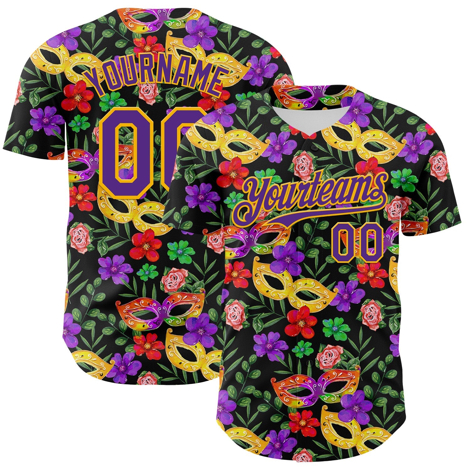 Custom Black Purple-Gold 3D Pattern Design Mardi Gras Shrove Tuesday Authentic Baseball Jersey - Main View