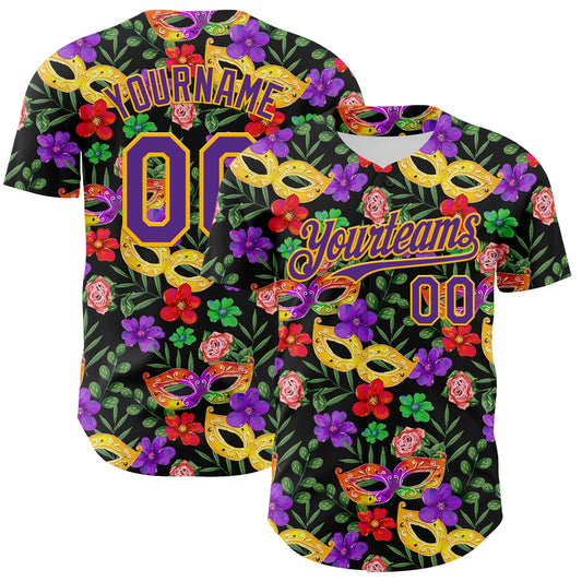 Custom Black Purple-Gold 3D Pattern Design Mardi Gras Shrove Tuesday Authentic Baseball Jersey - Main View