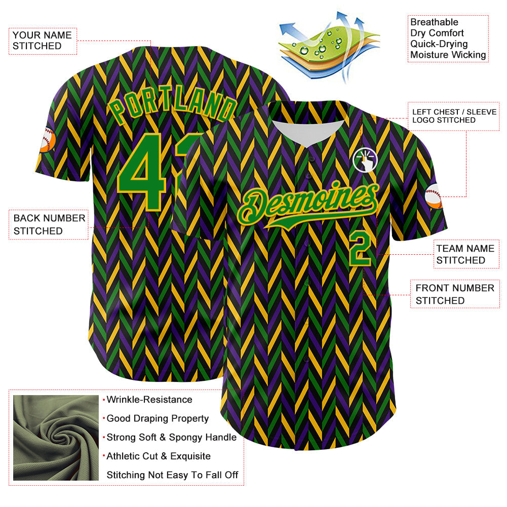 Custom Black Grass Green-Yellow 3D Pattern Design Mardi Gras Shrove Tuesday Authentic Baseball Jersey view 3