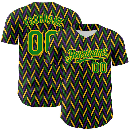Custom Black Grass Green-Yellow 3D Pattern Design Mardi Gras Shrove Tuesday Authentic Baseball Jersey - Main View