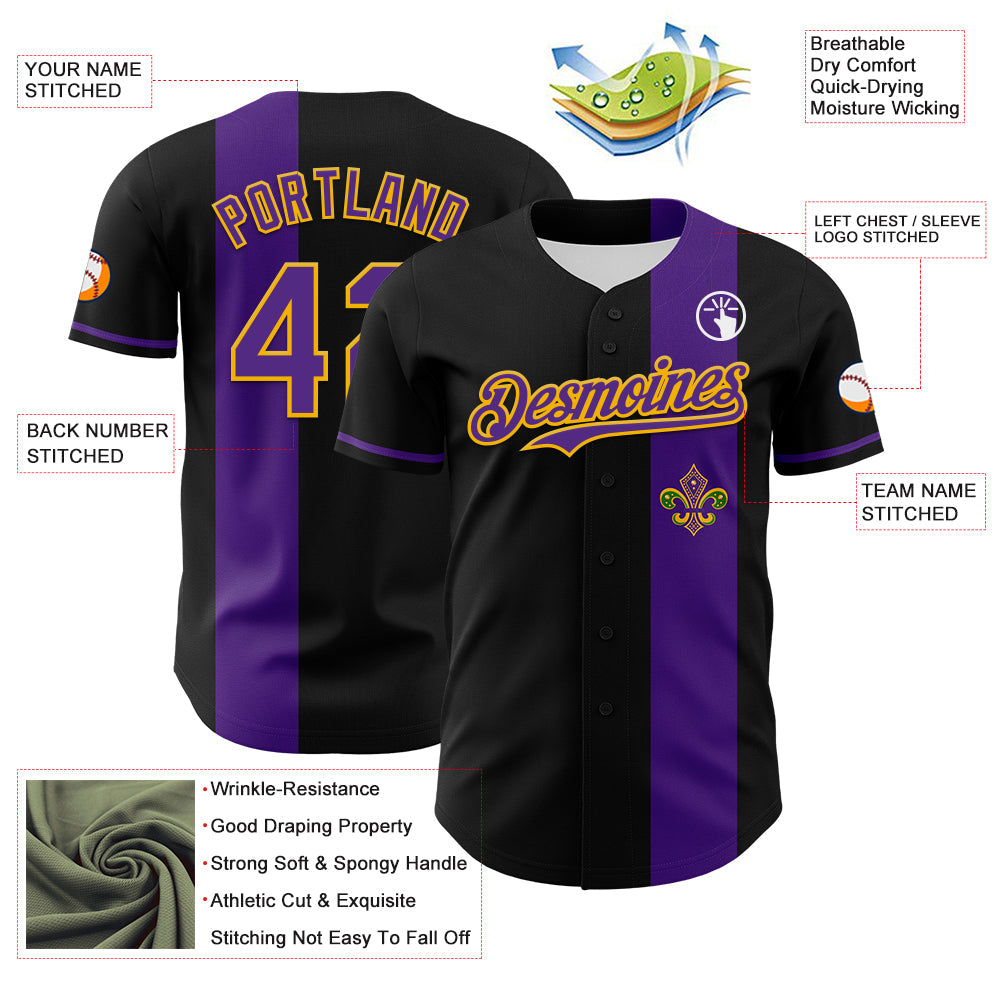 Custom Black Purple-Gold 3D Pattern Design Mardi Gras Shrove Tuesday Authentic Baseball Jersey view 3