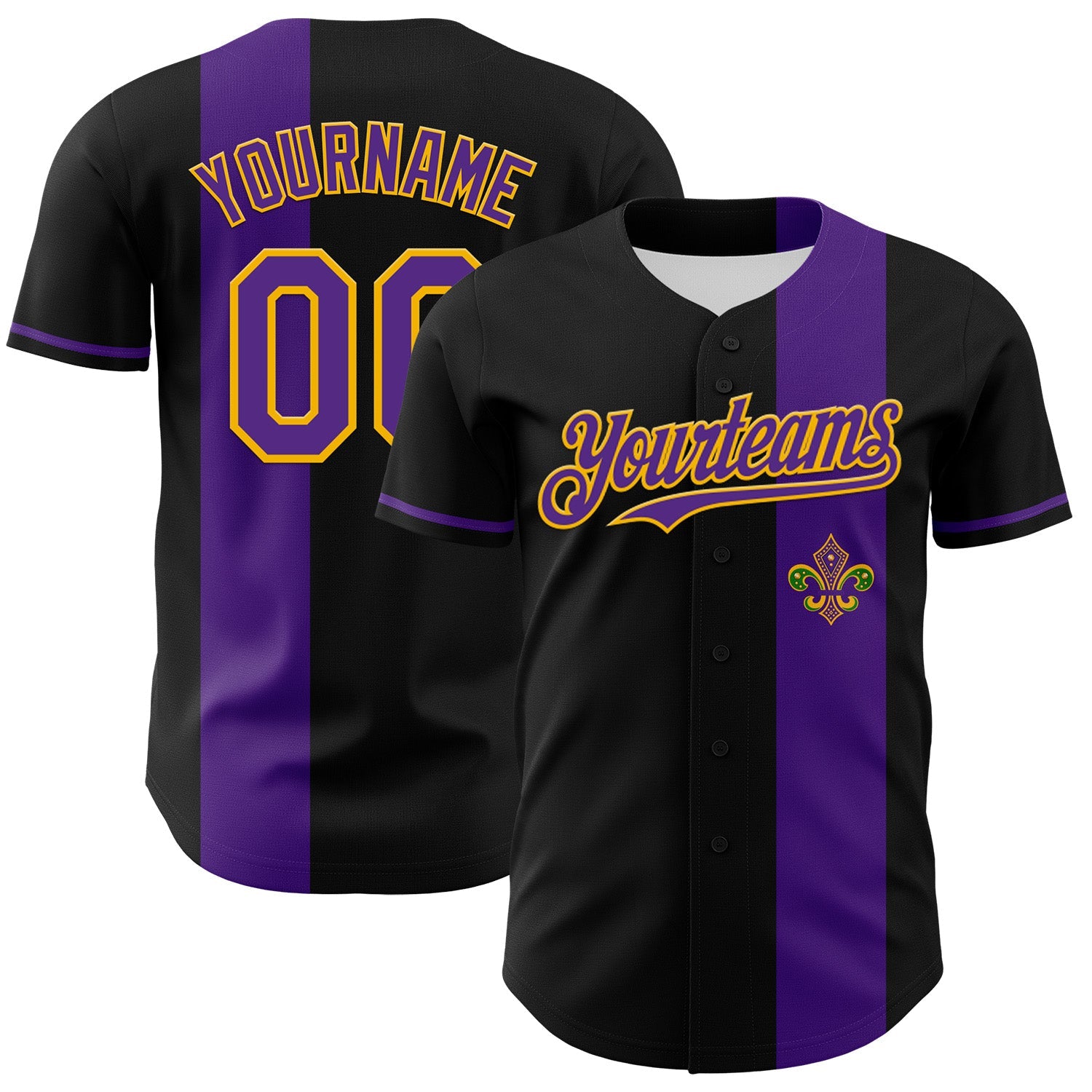 Custom Black Purple-Gold 3D Pattern Design Mardi Gras Shrove Tuesday Authentic Baseball Jersey - Main View
