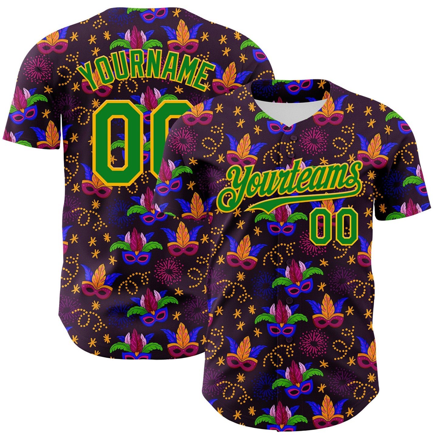Custom Purple Grass Green-Gold 3D Pattern Design Mardi Gras Shrove Tuesday Authentic Baseball Jersey - Main View