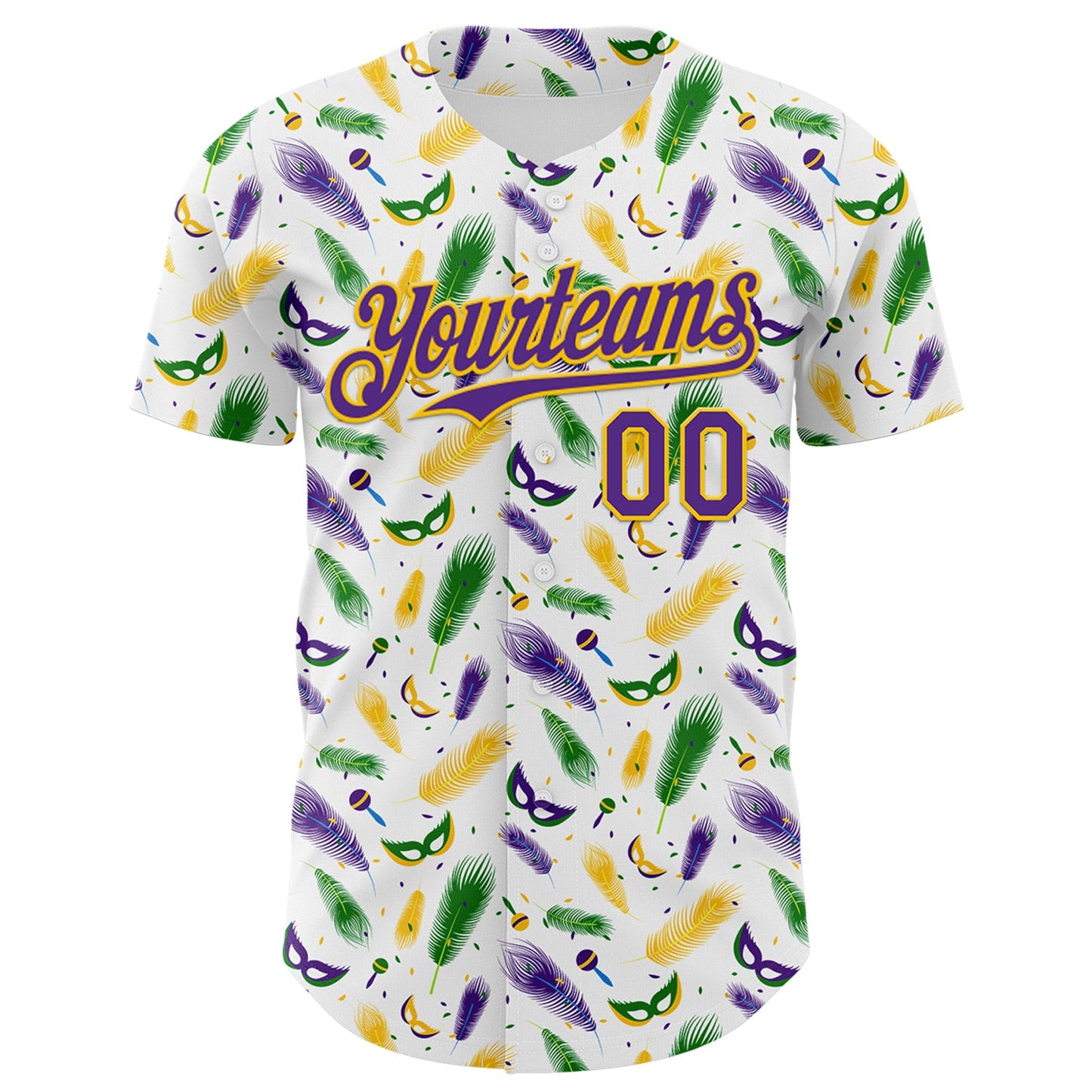 Custom White Purple-Yellow 3D Pattern Design Mardi Gras Shrove Tuesday Authentic Baseball Jersey view 2