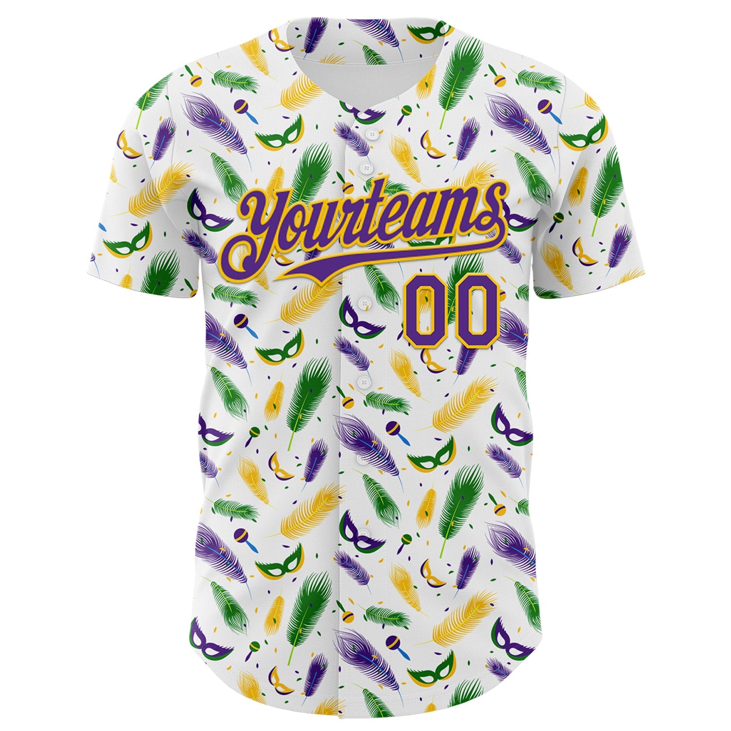 Custom White Purple-Yellow 3D Pattern Design Mardi Gras Shrove Tuesday Authentic Baseball Jersey view 2