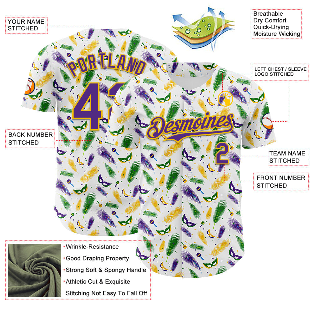 Custom White Purple-Yellow 3D Pattern Design Mardi Gras Shrove Tuesday Authentic Baseball Jersey view 3