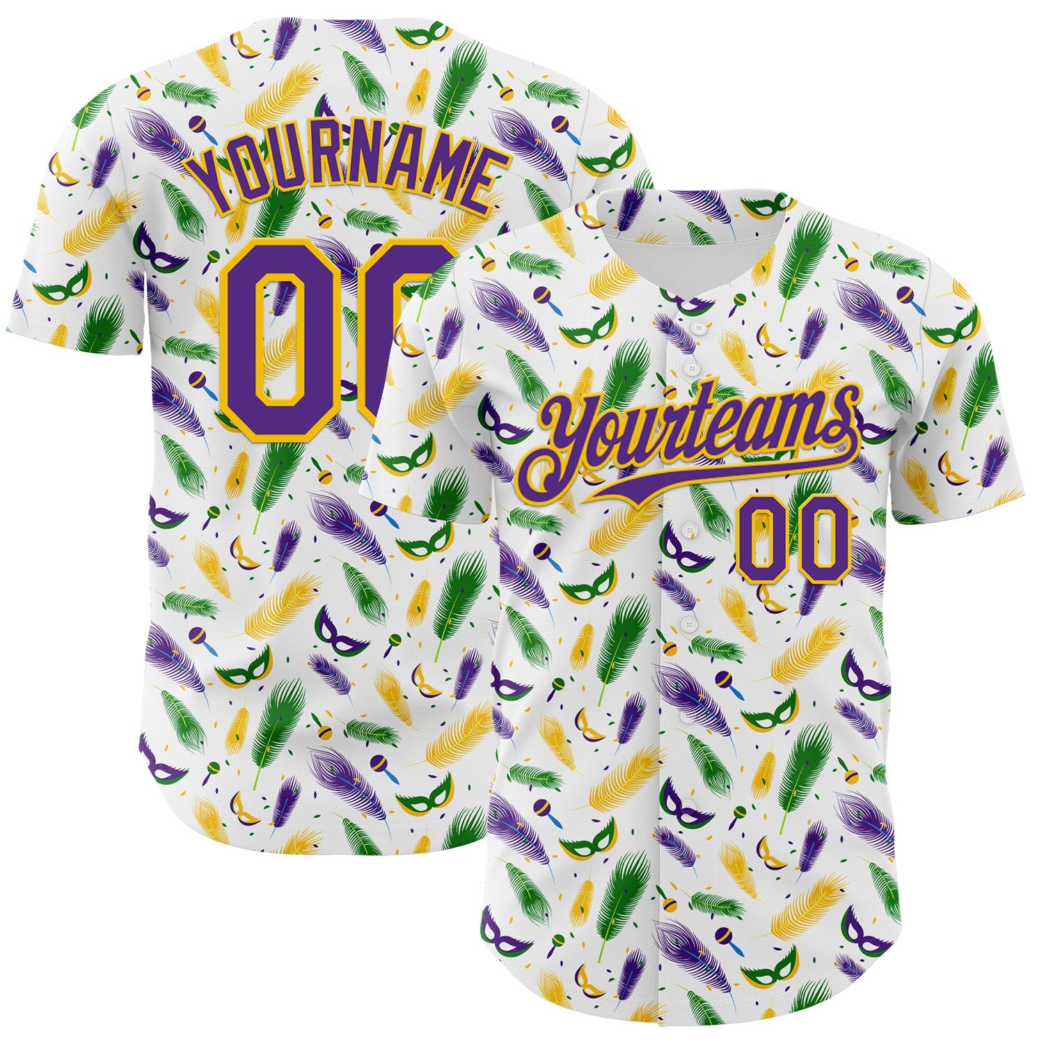 Custom White Purple-Yellow 3D Pattern Design Mardi Gras Shrove Tuesday Authentic Baseball Jersey - Main View